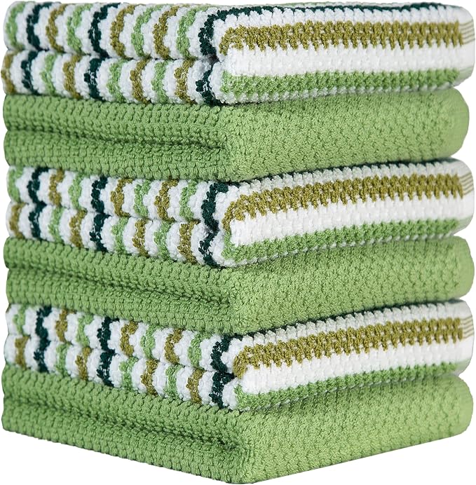Premium Kitchen Towels (16”x 26”, 6 Pack) | Large Cotton Kitchen Hand Towels | Popcorn Striped Design | Dish Towels | 430 GSM Highly Absorbent Tea Towels Set with Hanging Loop | Sage