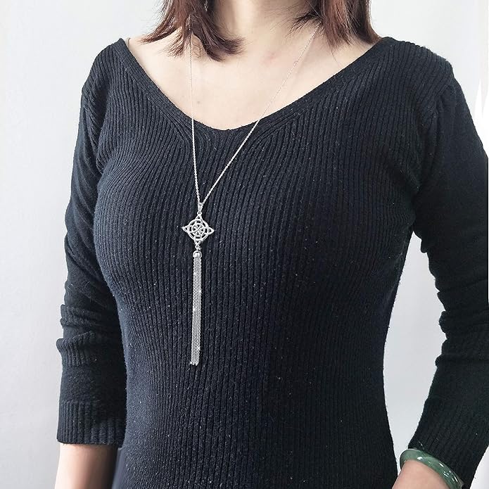 S925 Sterling Silver Long Chain Sweater Necklace for Women Statement Pendant Fringe Necklaces Jewelry Gift