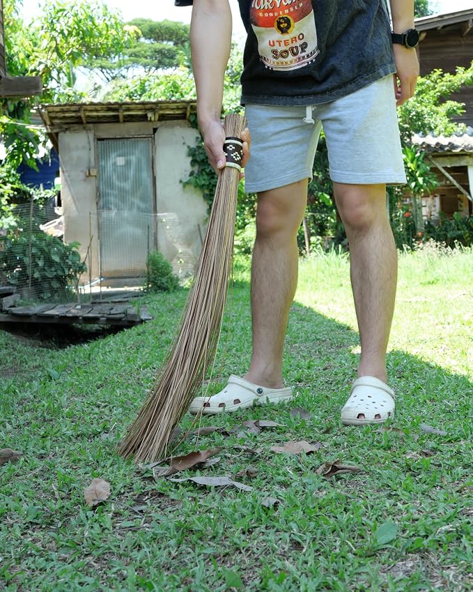 32 inch Multi-Surface Sturdy Outdoor Authentic Coconut Leaf Broom Asian Heavy Duty Broom Thai Natural Coconut Leaf Broom (Country Rustic) 1 Piece (Brown)