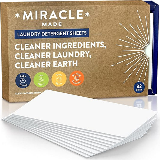 Miracle Made Liquidless Laundry Detergent Sheets – Ultra-Concentrated, Space-Saving, Plastic-Free – No Dyes, Bleach, or Parabens – 32 Strips (64 Loads) – Fresh Linen Scent
