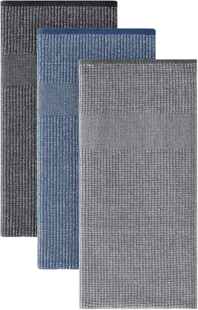 Homaxy Premium Kitchen Towels(18”x 28”, 3 Pack), Large Cotton Kitchen Hand Towels, Flat and Terry Dish Towels, 380 GSM Highly Absorbent Tea Towel Set with Hanging Loop, Navy Blue/Grey/Black