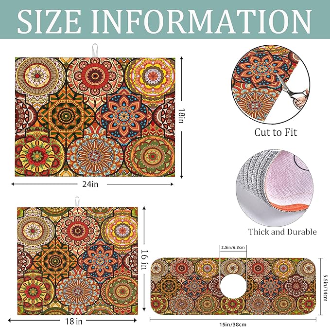 3Pcs Vintage Floral Dish Drying Mat & Kitchen Sink Splash Guard Faucet Mat For Kitchen Counter Absorbent Microfiber Dishes Pad Dish Drainer Rack Mats Fast Dry Kitchen Accessories