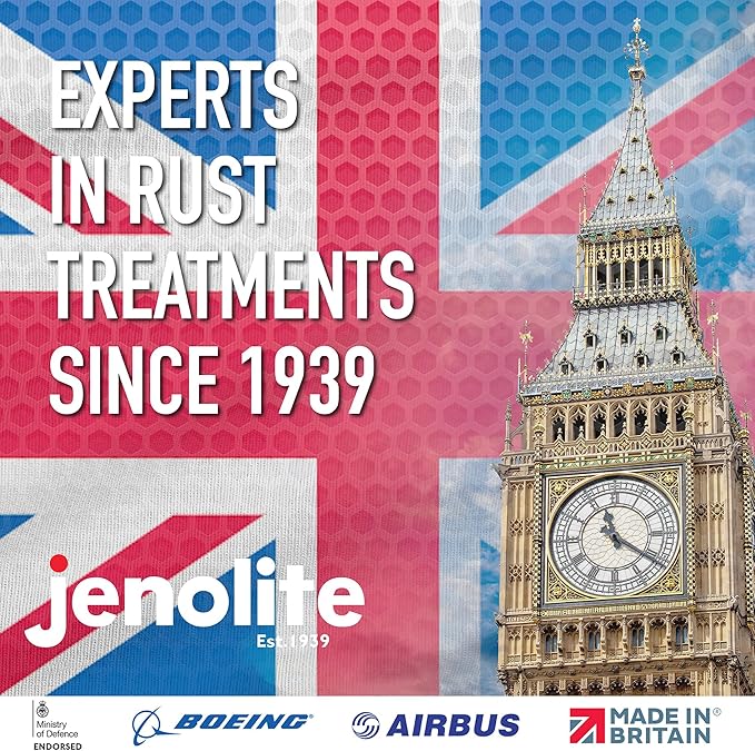 JENOLITE Rust Converter for Metal 1 Liter (33.8 fl oz). All in One Fast‑Acting Water‑Based Rust Reformer, Primer & Inhibitor. Converts Rust to a Paint Ready Surface. Made in Britain.