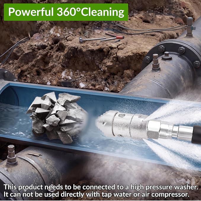 3/8" Sewer Jetter Nozzle for Pressure Washer, 360° Rotating Strong Shot Nozzle for Pipe Cleaning, Stainless Steel Jetter Drain Cleaner, 3000 PSI, 40 L/min, 3/8" NPT Female Thread
