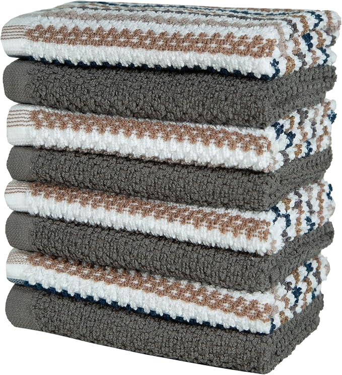 Bumble Premium Dish Cloths Towel 12"x12" | 100% Natural Ring Spun Cotton Tea Towel Set | 430 GSM | Highly Absorbent & Soft Dish Towels | 8 Pack - 4 Popcorn Wide Striped & 4 Solid Kitchen Towels - Gray