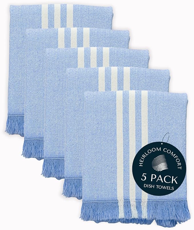 5 Pack Monochrome Stripe Dish Towels with Fringes, 16"x26", 100% Cotton, Absorbent & Durable, Quick Drying Kitchen Towels for Daily Cleaning, Cooking & Baking, Easy Care, Sky Blue