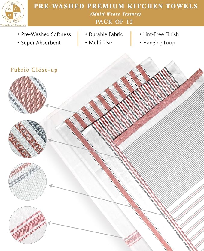 Pack of 12 Cotton Kitchen Towels Set, Dish Towels, Cleaning Rags, Kitchen Dish Cloths for Washing Dishes, Cotton Cleaning Cloths, Ultra Soft, Lightweight & Quick Dry, Flat Weave, 28"x18" (Rust & Gray)