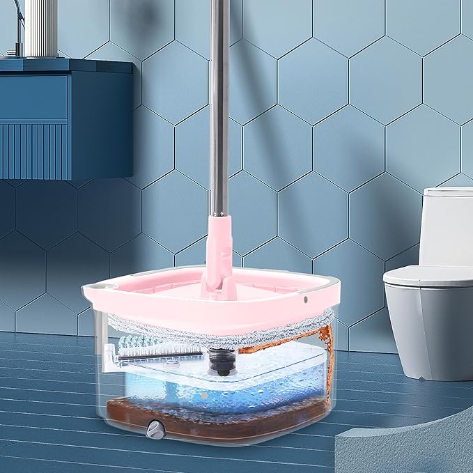 Spin Mop and Bucket with Separate Compartments for Clean and Dirty Water NEW 2025 Upgraded Version w/Side Brush and Self Standing Handle, Smart Square Mop w/ 2 Machine Washable Microfiber Pads, Rose