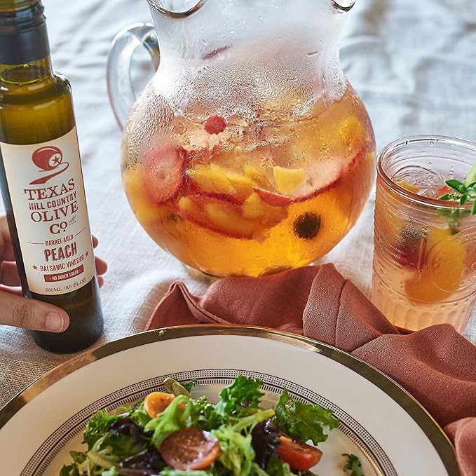 Peach Balsamic Vinegar - Gourmet Barrel Aged Infused Balsamic Vinegar - Great for Dressing Dipping Glazing - No Artificial Flavors or Added Sugar - Made in Texas (8.5 oz, 2 Pack)