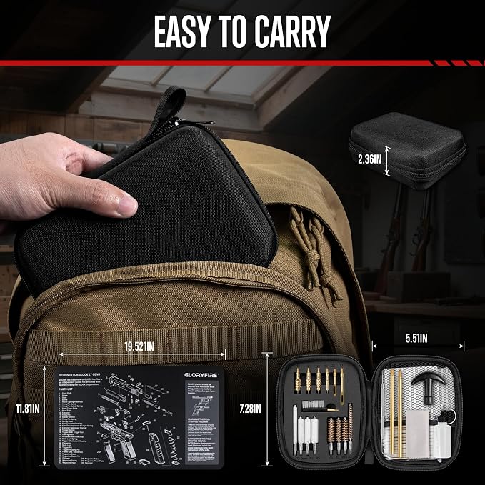 GLORYFIRE Universal Gun Cleaning Kit Fits .22 .357/9mm .38 .40 .45 Cal Handguns & Pistols Compact Carrying Case for Portability Multiple Styles with Brass or Plastic Jags & Tips for Shooting and Range