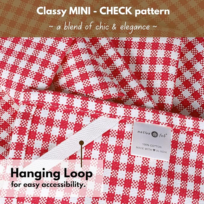 Native Fab 6 Pack Kitchen Towel with Hanging Loop 16x26 inches, Cotton Gingham Check Dish Towels for Cleaning & Drying Dishes, Absorbent Cloth Rags, Bar Towel, Dish Cloth Set, Red White
