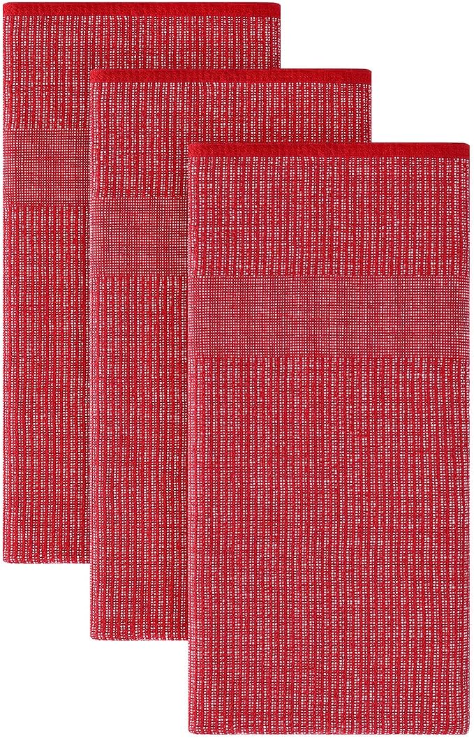 Homaxy Premium Kitchen Towels(18”x 28”, 3 Pack), Large Cotton Kitchen Hand Towels, Flat and Terry Dish Towels, 380 GSM Highly Absorbent Tea Towel Set with Hanging Loop, Red