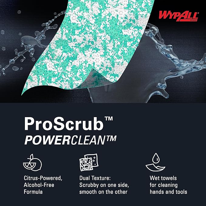 WypAll PowerClean ProScrub Heavy Duty Wet Towels (91367), Dual Action Cleaning, Large 9.5" x 12" Wipes, Refill Only (6 Packs of 75 Sheets, 450 Sheet Total)