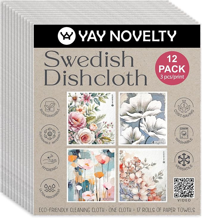 Swedish Dishcloths - 12 Pack | Made in Germany | Ultra-Absorbent, Reusable Cellulose Sponge Cloths for Kitchen | No-Odor, Eco-Friendly Cleaning Wipes | Water-Based Ink | Flower