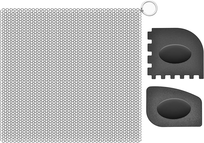 SUBEKYU 316 Stainless Steel Cast Iron Scrubber with Silicone Handle+Anti-Scratch Cast Iron Scrubber with Pan and Grill Scrapers