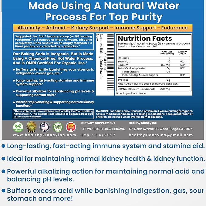 Organic Use Aluminum Free Baking Soda Bulk Supplement Powder in Mason Jar with Lid & Spoon - Food Grade & Organic Use Baking Soda for pH Balance, Kidney Health, Antacid & Detox Support - 16oz
