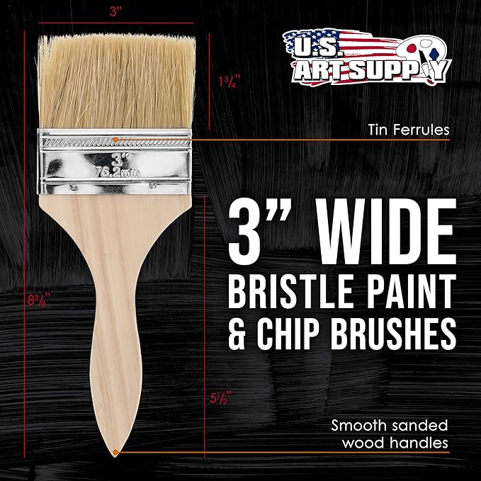 U.S. Art Supply 12 Pack of 3 inch Paint and Chip Paint Brushes for Paint, Stains, Varnishes, Glues, and Gesso