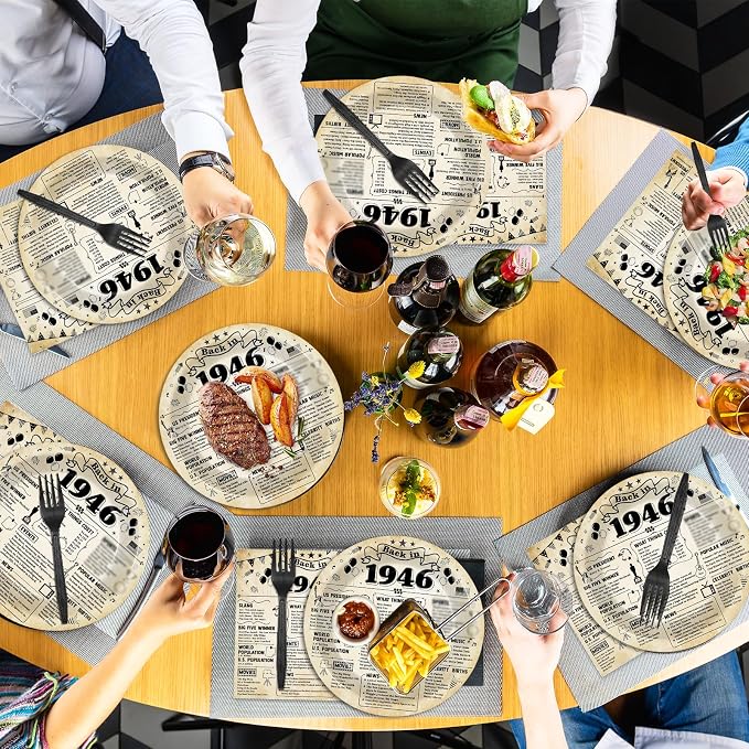 CHUNNIN 96Pcs 80th Birthday Plates and Napkins Back in 1946 Party Decorations Vintage 80 Year Old Party Dessert Plates 1946 Birthday Tableware for 24 Guests 80th Theme Men Woman Bday Parties Supplies