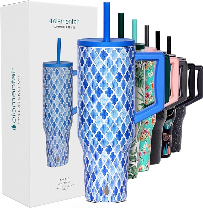 Elemental 40 oz Tumbler with Handle and Straw - Spill Proof Insulated Stainless Steel Commuter for Cold Beverages - Travel Coffee Mug with 2 Straws & Spill Proof Lid - 40oz - Blue Tile