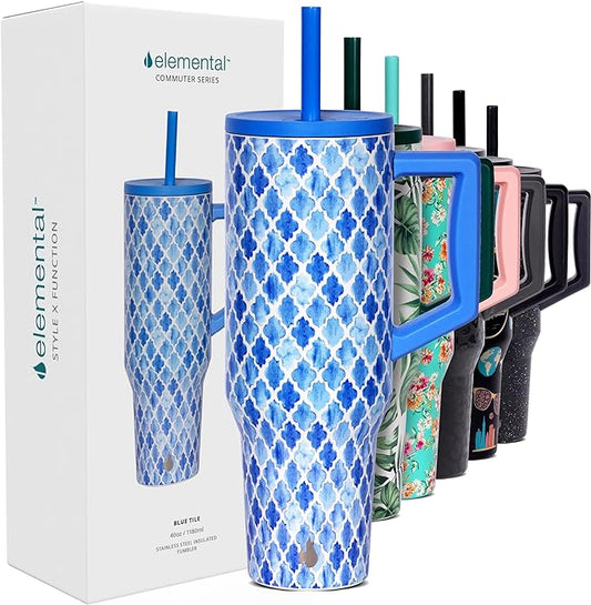 Elemental 40 oz Tumbler with Handle and Straw - Spill Proof Insulated Stainless Steel Commuter for Cold Beverages - Travel Coffee Mug with 2 Straws & Spill Proof Lid - 40oz - Blue Tile