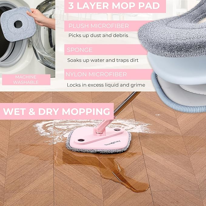True & Tidy® True Clean Mop and Bucket System, Includes Square Spin, Dual Compartment Mop Bucket and 2 Thick Machine Washable Pads New Upgraded with Side Brush & Self Standing Handle, Rose