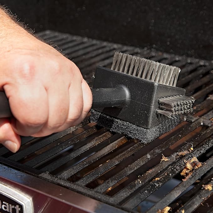 Cuisinart CCB-4125 4-in-1 Grill Cleaning Brush with Stainless Steel Wire Bristles - Scour Pad - Grill Scraper - 13" Handle Length