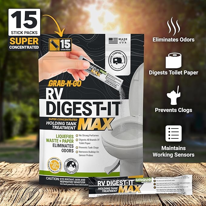 Unique RV Digest-It Max RV Toilet Treatment Stick Packs, 15 Count, No-Mess, Pre-Measured, Grab-N-Go Black Holding Tank Treatment, Liquifies Waste and Paper, Odor Eliminator