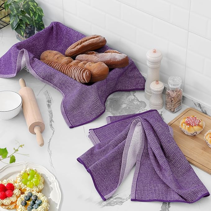 Homaxy Premium Kitchen Towels(18”x 28”, 3 Pack), Large Cotton Kitchen Hand Towels, Flat and Terry Dish Towels, 380 GSM Highly Absorbent Tea Towel Set with Hanging Loop, Purple