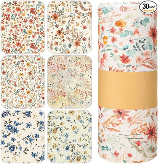 Redbaker 30 Pcs Reusable Paper Towels Rolls Towels Bulk Kitchen Washable Paperless Cloth Cotton Hand Napkins with Cardboard Reusable Napkins for Kitchen Bathroom (Vintage Flower)