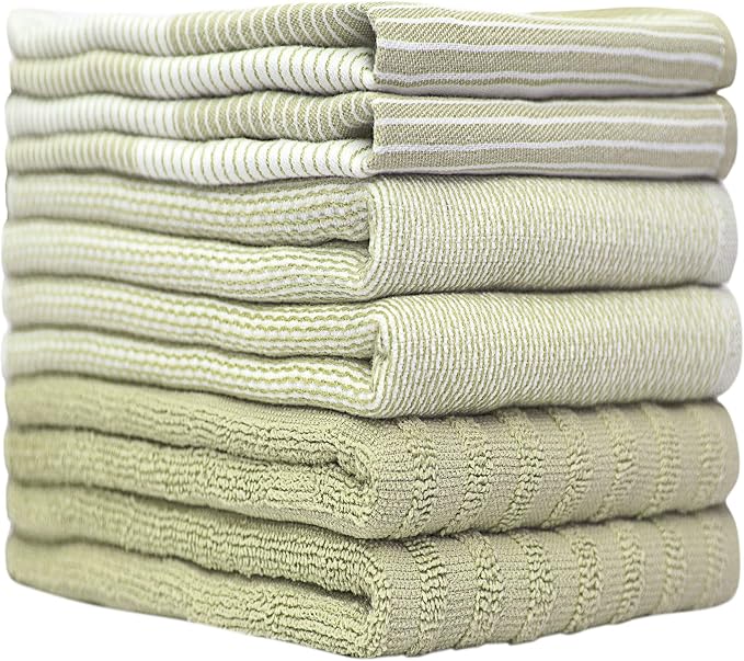 Premium Kitchen Towels (20”x 28”, 6 Pack) | Large Cotton Dish Towels | Flat & Terry Highly Absorbent Kitchen Linen Set with Hanging Loop | Sage