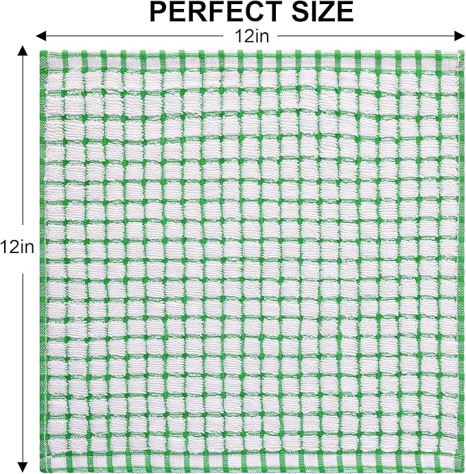 Kitinjoy Cotton 8 Pack Terry Kitchen Dish Cloths, 12 x 12 Inches Super Soft and Absorbent Dish Rags, Quick Drying Dish Towels for Washing Dishes, Green