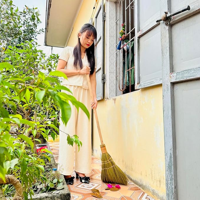 Vietnamese Straw Soft Broom for Cleaning with Long Handle Broom- Broom Decorative 9.45'' Width, 45.28" Length