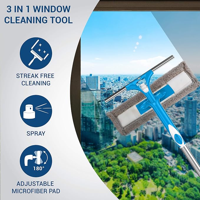 SCRUBIT Extendable Squeegee Window Cleaner- Window Cleaning Tool with Microfiber Scrubber & Spray Head - 58" Long Extension Pole for High Windows and Outdoor Glass Washing - Shower Cleaning Kit