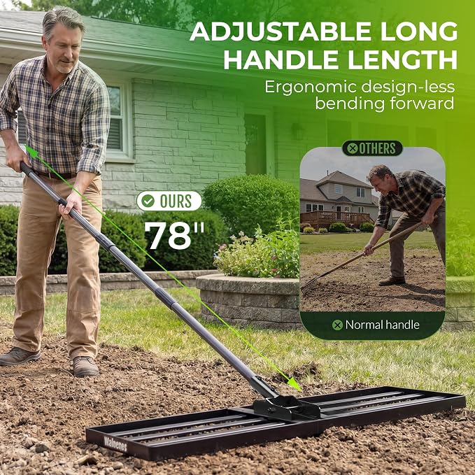 Walensee Foldable Split Lawn Leveling Rake, 30"x10" Heavy Duty Lawn Leveler Tool with 6.5FT Steel Handle, Levelawn Landscape Rake for Topdressing, Soil, Sand, Dirt, Backyard, Garden