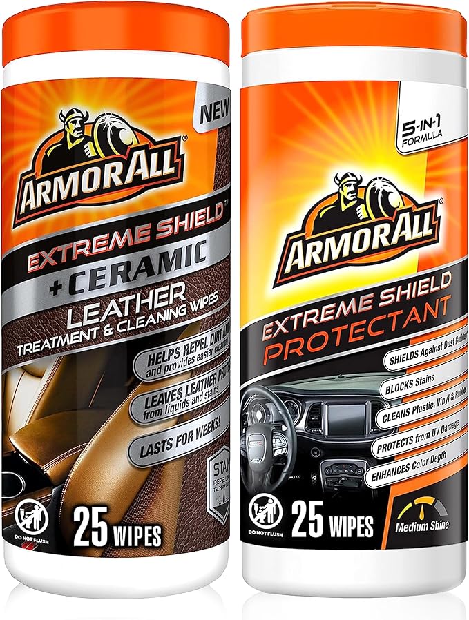 Armor All Ceramic Car Leather Cleaning Wipes, Use on Heated Seats and Leather Surfaces, Includes Extreme Protectant Wipes - 2 Count