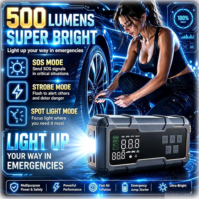 9000A Jump Starter with Air Compressor 10-1 Portable Tire Inflator German Fast-Charging Power Bank Car Diesel Battery Booster for Car Owners Camping, Road Trips, Family Safety & Gift