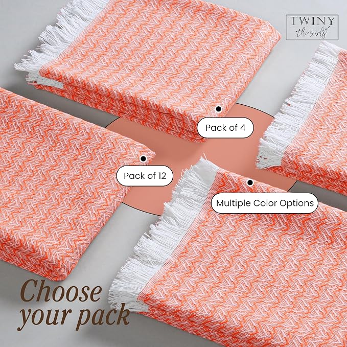 TWINY threads Kitchen Dish Towel Chevron Design, Premium Large 100% Cotton Kitchen Linen Set, Dish Rags for Drying Dishes, Absorbent Quick Drying Wash Rags, Pack of 12, 16 x 26 Inch, Orange