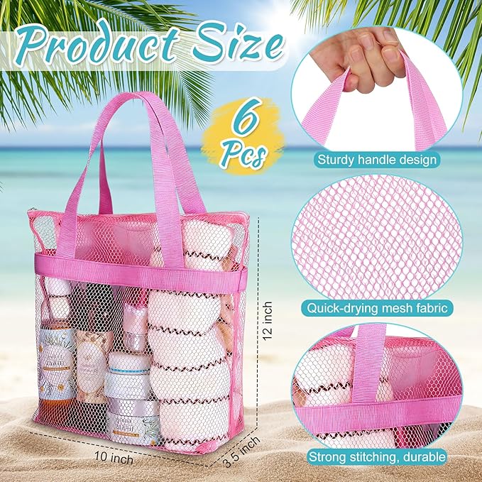 6 Pcs Mesh Shower Caddy Bags Portable Mesh Beach Bags Bulk with Zipper & 2 Pockets Hanging Toiletry and Bath Organizer for Gym Swimming Travel Camping College Dorms Beach (Macaron Color)