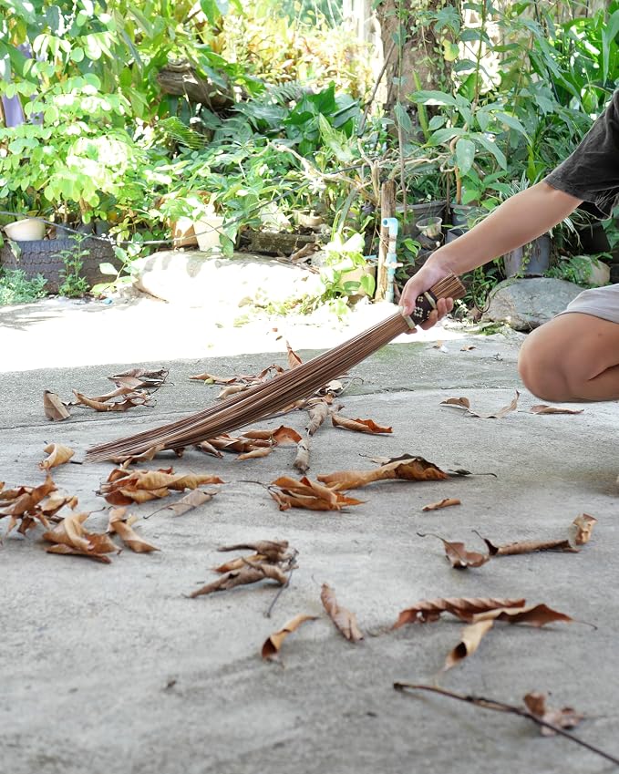 32 inch Multi-Surface Sturdy Outdoor Authentic Coconut Leaf Broom Asian Heavy Duty Broom Thai Natural Coconut Leaf Broom (Country Rustic) 1 Piece (Brown)