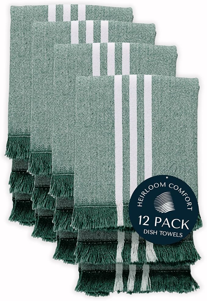 Monochrome Stripe Kitchen Towels 12 Pack, 16x26 Inch, 100% Cotton, Super Absorbent & Quick Dry, Durable, Fringed Dish Towel for Drying Dishes, Washable, Everyday Use, Forest Green