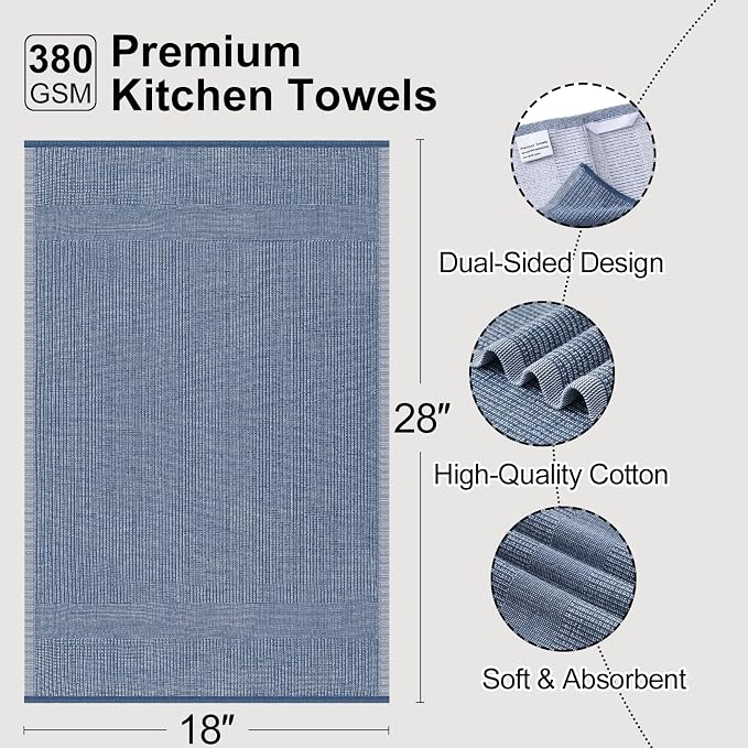 Mordimy Premium Kitchen Towels 8 Pack (18 x 28 Inches, Navy Blue), Large Cotton Kitchen Hand Towel, Flat & Terry Dish Towels for Drying Dishes, Super Absorbent Tea Dishtowels Set with Hanging Loop