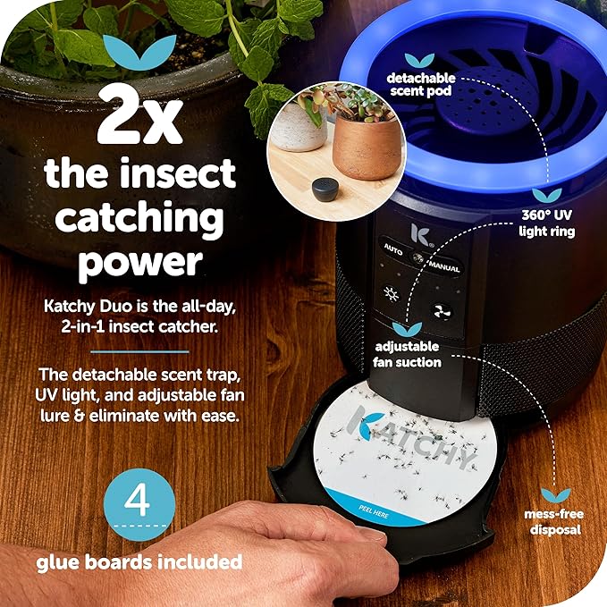 Katchy Duo – Indoor Flying Insect Trap with Scent Pod – Day & Night Effective – Mosquito, Fruit Fly, Gnat & Small Moth Catcher – Non-Zapper Trap with Blue UV Light & Fan Suction (Black)