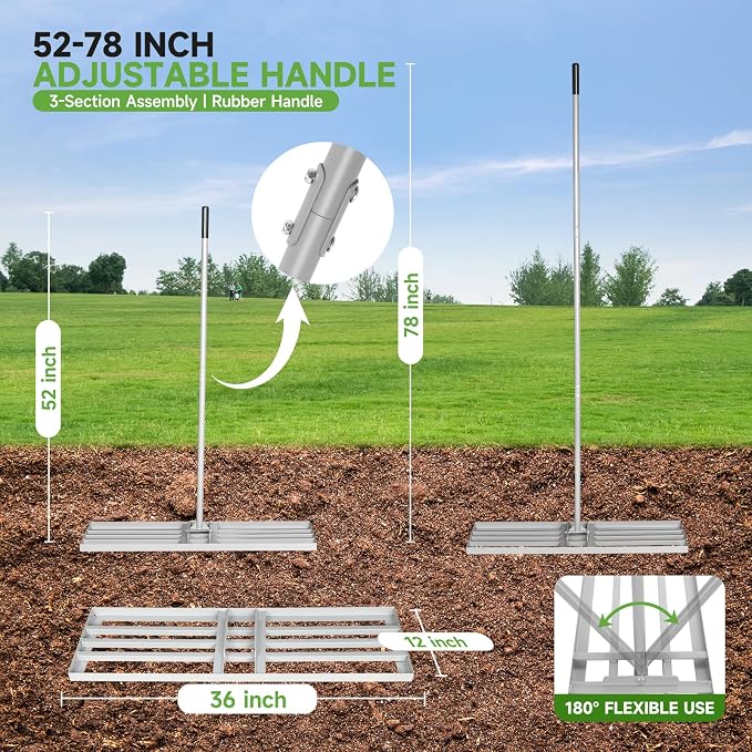 Lawn Leveling Rake – Heavy-Duty Galvanized Steel Yard Leveling Rake with Adjustable 36x12 Inch Rack Head & Extendable 52-78 Inch Handle, Rust-Resistant, All-Welded, Gloves Included