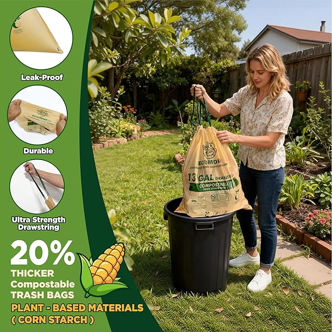EcoMokii Compostable Trash Bags 13 Gallon with Drawstring, 60 Count, 49.2 Liter, 1.2 Mil Heavy Duty Compost Bags Extra Thick for Tall Kitchen Garbage Can, Unscented Food Waste Bag, BPI (ASTM D6400)