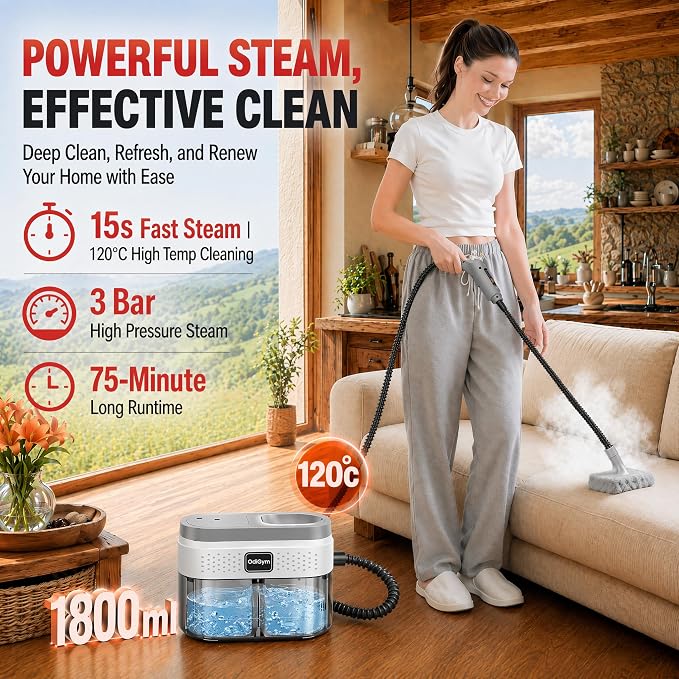 Steam Cleaner for Home, Portable Fast Heat Steamer with 1800ML Large Water Tank, 248°F High Temp Chemical-Free Hot Steam Cleaner for Kitchen, Bathroom, Car, Furniture, Walls, Tile Grout, Carpets.