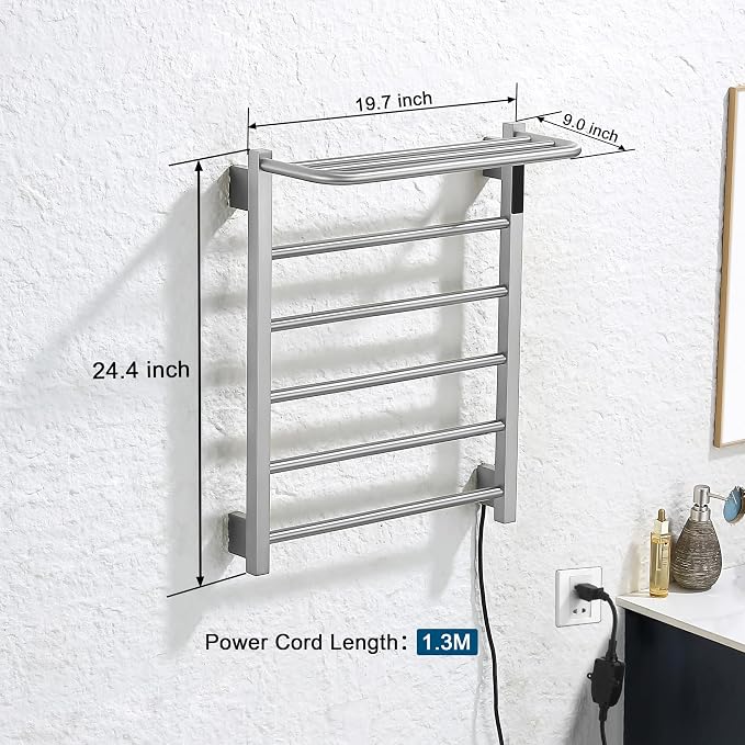 Heated Towel Racks for Bathroom, Hot Towel Warmer with 24hr Timer Stainless Steel Wall Mounted Electric Towel Warmers for Bathroom (Nickel, 5-Bar)