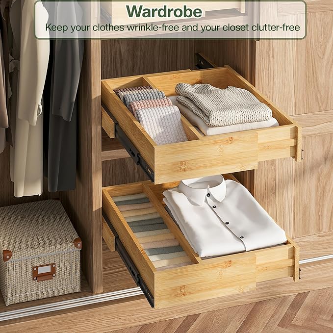 BAMEOS 2-Pack 14" to 20" Adjustable Width Soft Close Slide Out Bamboo Wood Drawer Organizer for Kitchen,Pantry, Bathroom & Under Sink, 2-Pack Wooden Storage, 21" Depth, 66 lbs Capacity