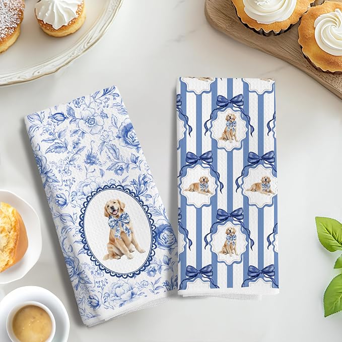Chinoiserie Golden Retriever Gifts Kitchen Towels,Blue and White Floral Golden Retriever Decorative Dish Towels,Grandmillennial Botanical Dog Hand Towels for Bathroom,16x24 Inch Set of 2