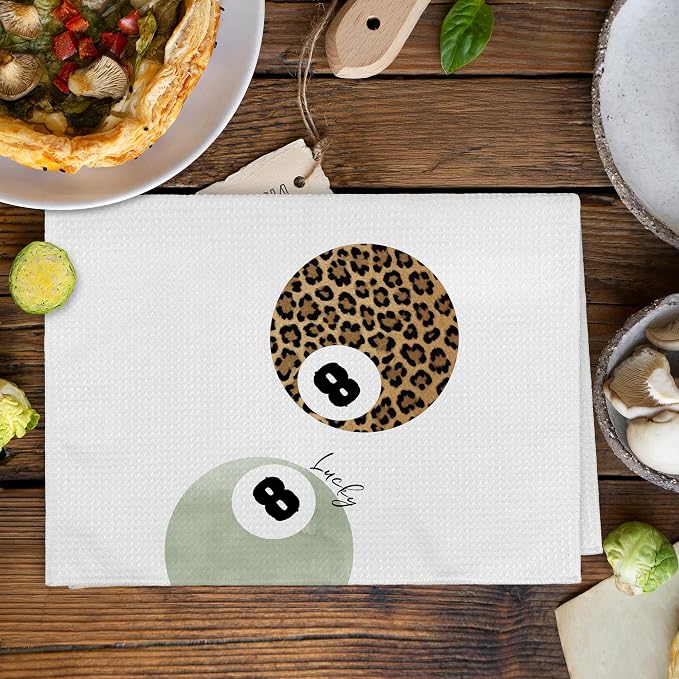 Trendy Leopard Cheetah Print Poker Lucky 8 Ball Bathroom Decor, Preppy Funky Sage Green Decor Dish Hand Towels for Bathroom Kitchen Sets of 2, Cheetah Kitchen Towels and Dishcloths, 16x24inch