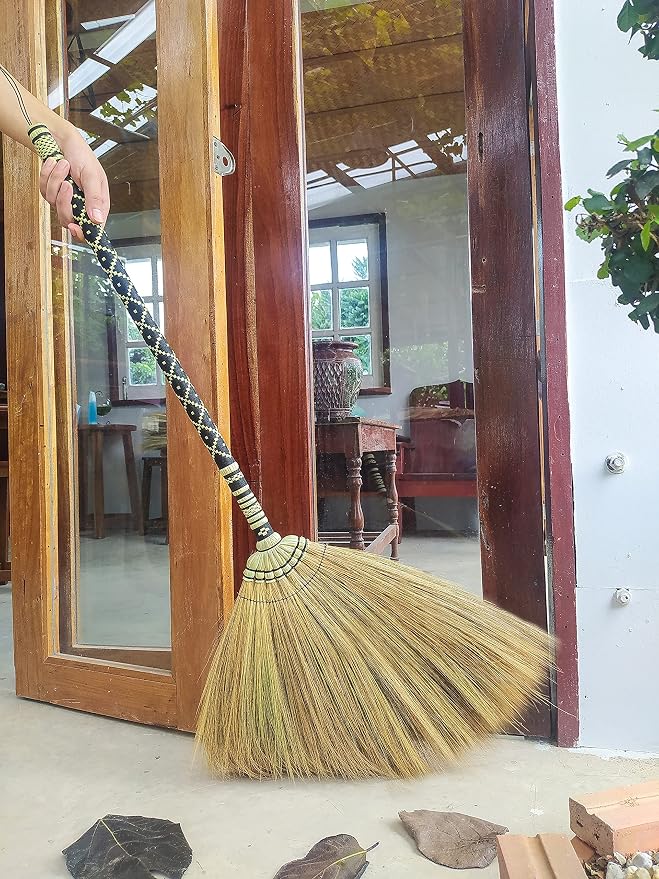 Natural Grass Broom Indoor Outdoor, Vintage Retro Embroidered Woven Nylon,Handmade Broom,Housewarming Gift Witch,Bamboo Stick Handle(Black)